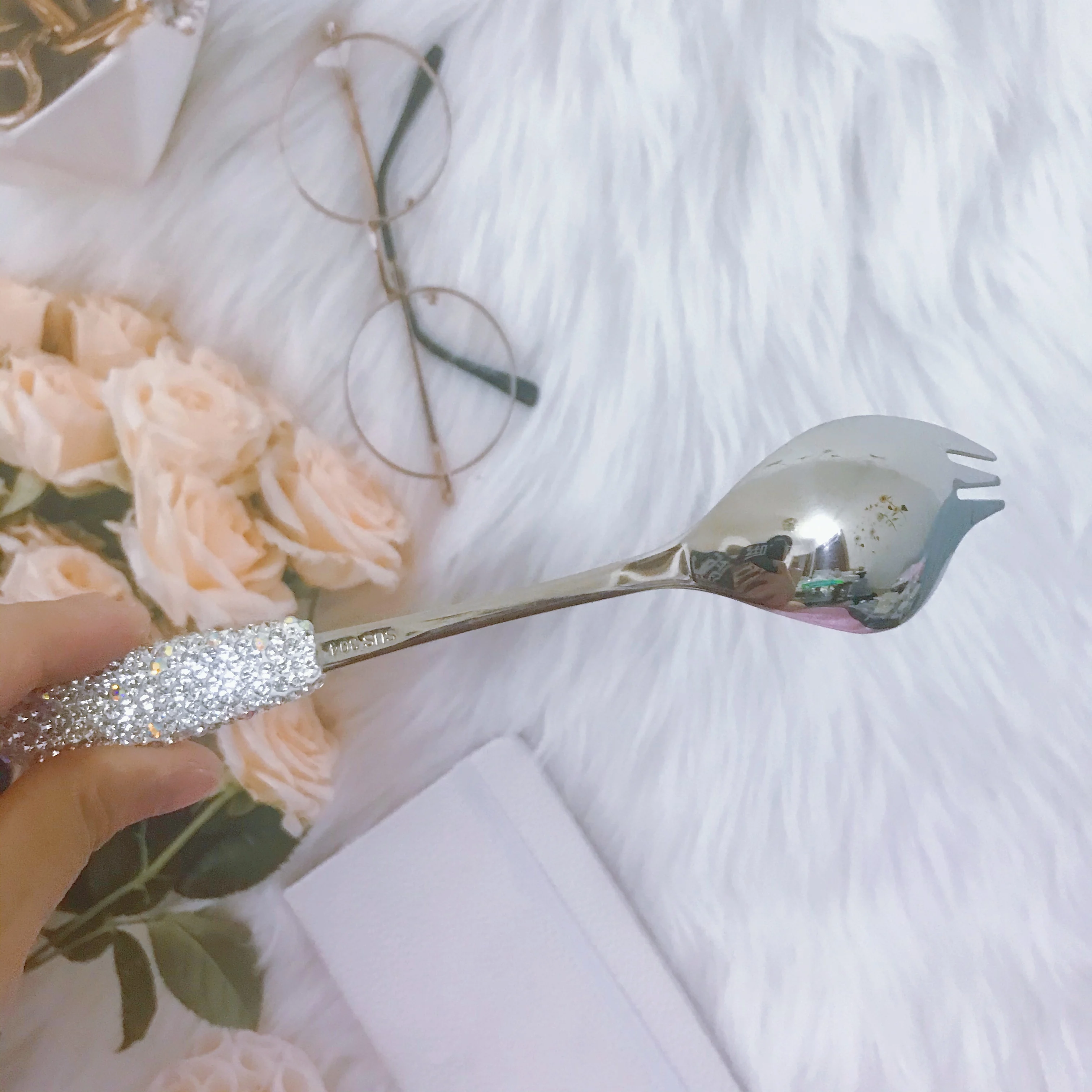 Блестящая Ложка Вилка для салата ложка с Стразы милые Серебристые столовые