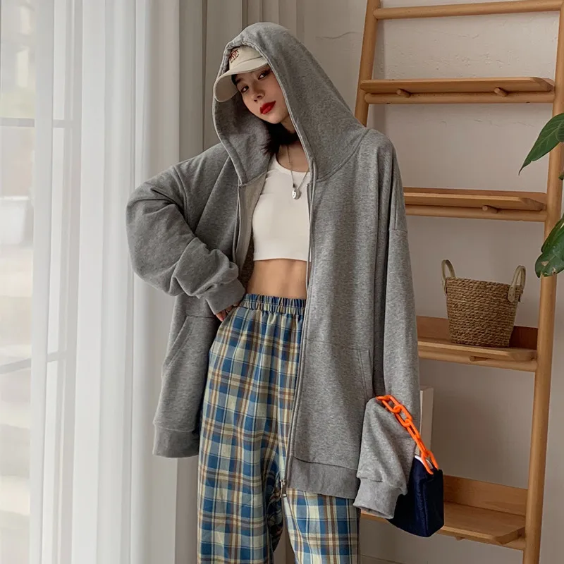 

Женская толстовка на молнии, Повседневная однотонная Свободная Толстовка в Корейском стиле, с длинным рукавом, большие размеры, в стиле Хар...