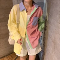 qweek striped shirt women rainbow color beautiful blouses patchwork top korean 2021 fashion button up cardigan 90s vintage girls