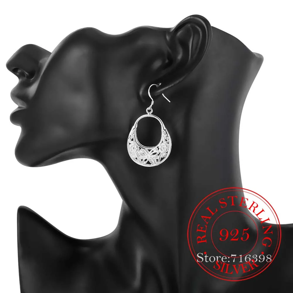 

100% 925 Sterling Silver Earring Korean Vintage Pattern Flower Long Dangle Earrings For Women 2020 Engagement Wedding Jewelry