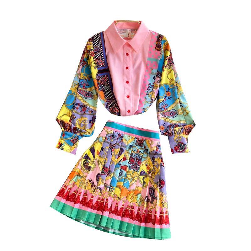 

Women Spring Design Boho Print Suits Turndown-Collar Puff Sleeve Button Tops+A-line Pleated Mini Skirt Two Piece Set