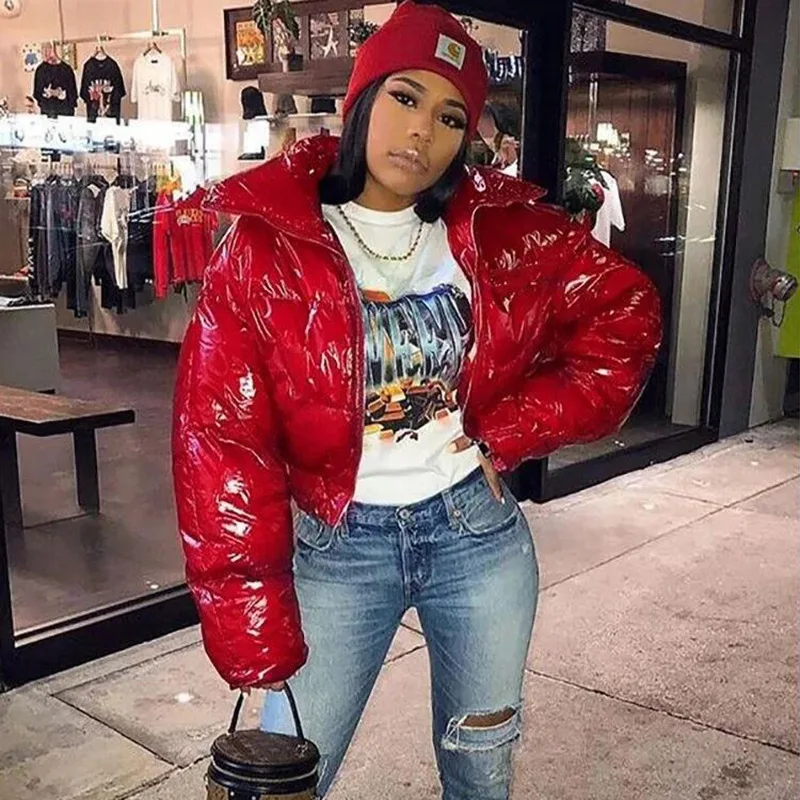 Zoulv Winter Fashion Women Three-dimensional Zipper Mirror Skin Bright Warm Cotton Jacket Bright Shining Short Thick Down  Coat