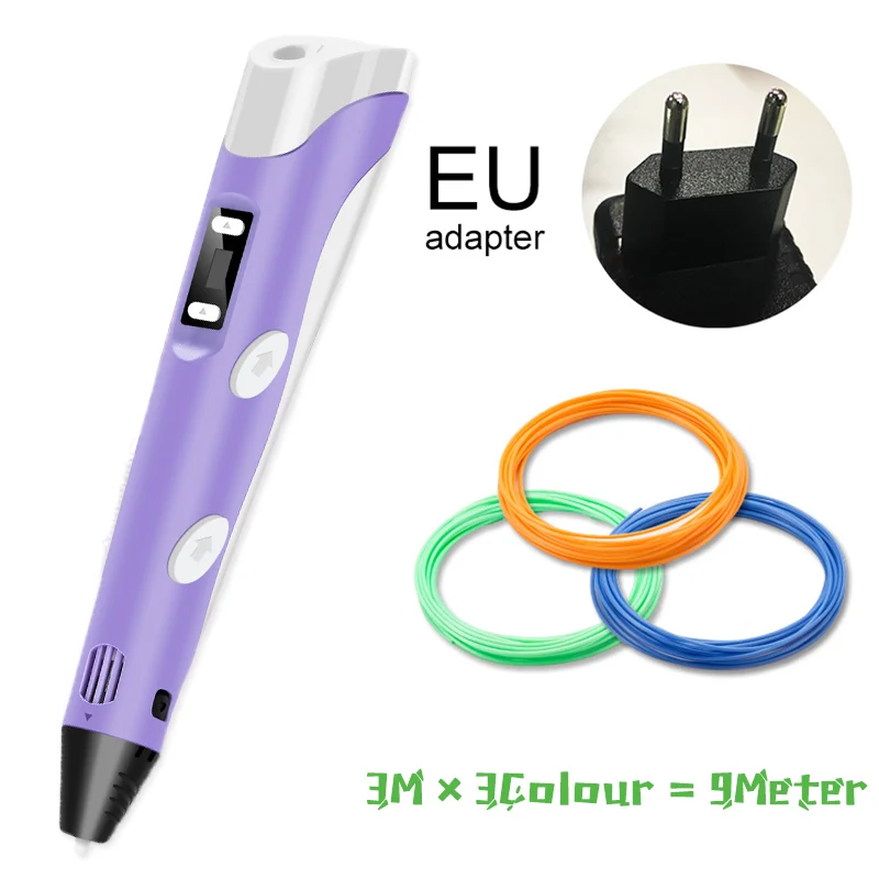 PURPLE 3m3color EU 3D Ручка, три D принтера, ручка для рисования с пластиком, 100 м, PLA/ABS нити, для творчества, подарок на день рождения, Оригинальные рождественские подарки - Цвет: PURPLE 3m3color EU
