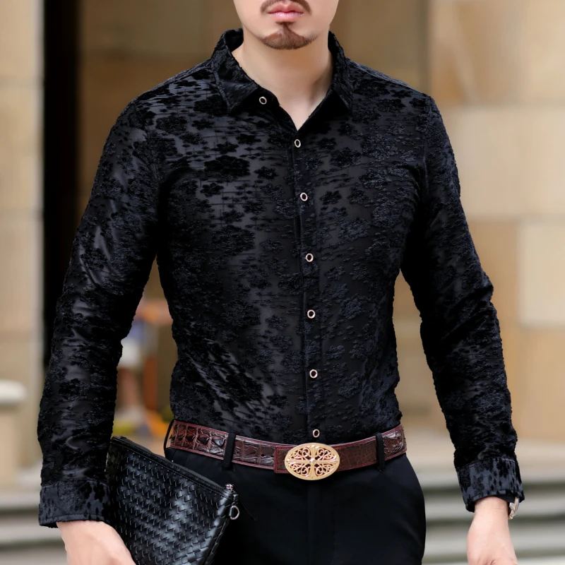 Рубашка мужская Прозрачная с вышивкой Маргаритка модная сорочка синими цветами