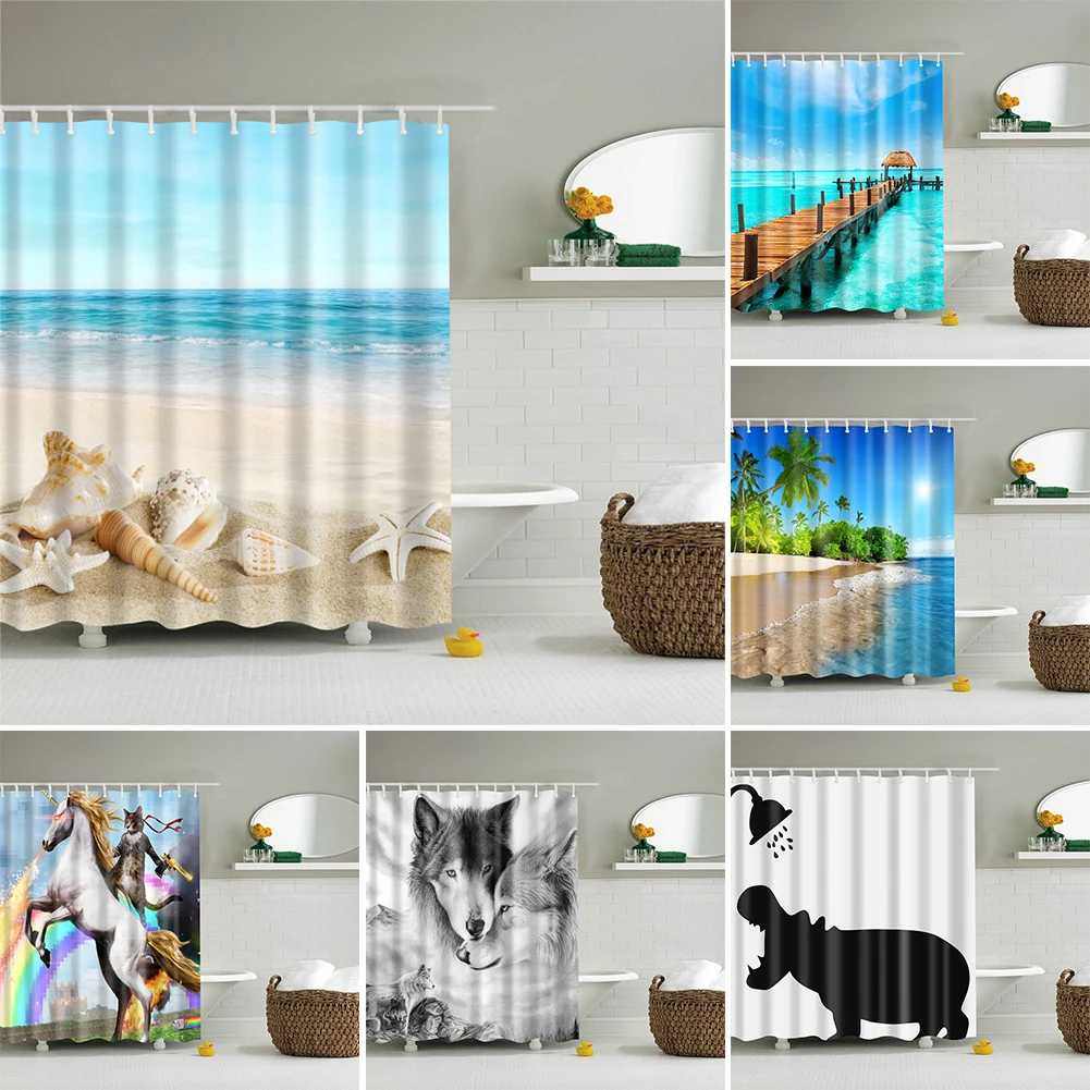 

18 kinds of waterproof beach forest shower curtain polyester shower curtain 180*180/180*200 cm with hook bathroom decoration