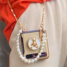 Pearl Bracelet Bear Holder Phone case For Samsung Galaxy Z Flip 3 Hand Chain With Metal Lanyard Z Fold 3 Cover