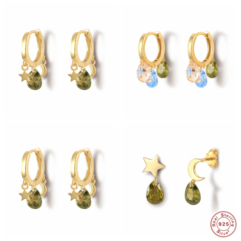 

Aide 925 Sterling Silver Olive Green Zircon Water Drop Shaped Charm Hoop Earrings Colorful Bling Rhinestone Star Moon Earrings