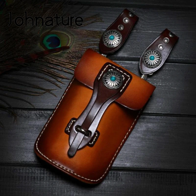 

Johnature New Handmade Cowhide Waist Bag Retro Creative Men Messenger Bag High Quality First Layer Cow Leather Shoulder Bags
