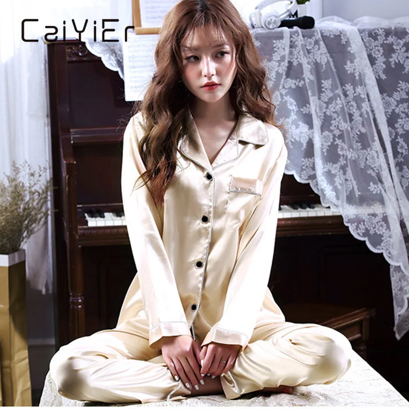 CAIYIER Soild Silk Satin Pajamas Set Blue Sexy Turn-down Collar Sleepwear For Women Long Sleeve Nightwear Winter Loungewear M-2L
