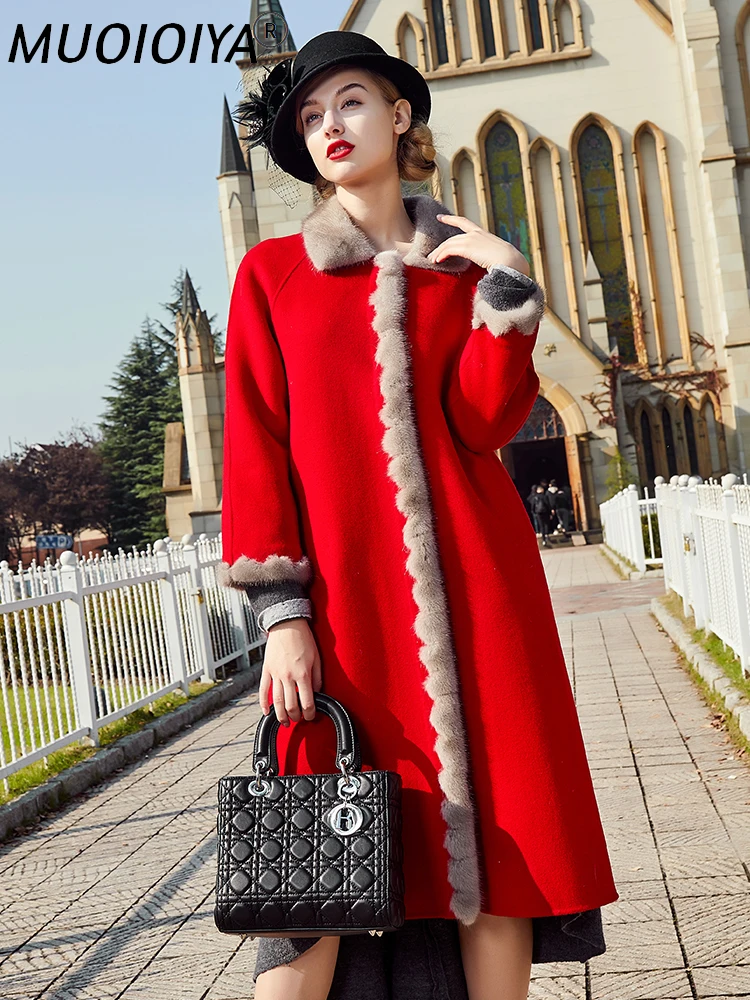 

100% Real Wool Coat Winter Jacket Women Clothes 2021 Mink Fur Collar Double Side Woolen Coat Elegant Long Jackets MY3832