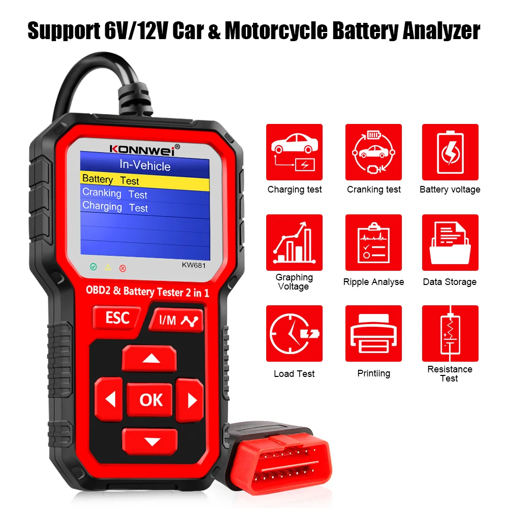 

KONNWEI KW681 6V 12V Car Motorcycle Battery Tester Auto Diagnostic Tool 2 in1 2000 CCA Car OBD2 Scanner Full OBD 2 Function