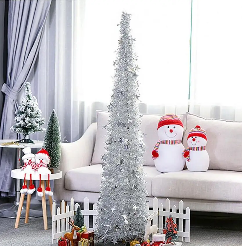silver Green Pop Up Christmas Tinsel Tree With Stand Gorgeous Collapsible Artificial Christmas Tree For Christmas Decorations 1.2M 1.5M - Цвет: silver