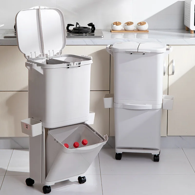 

Large-capacity double-layer multi-function trash can, dry and wet separation, kitchen plastic garbage sorting bin