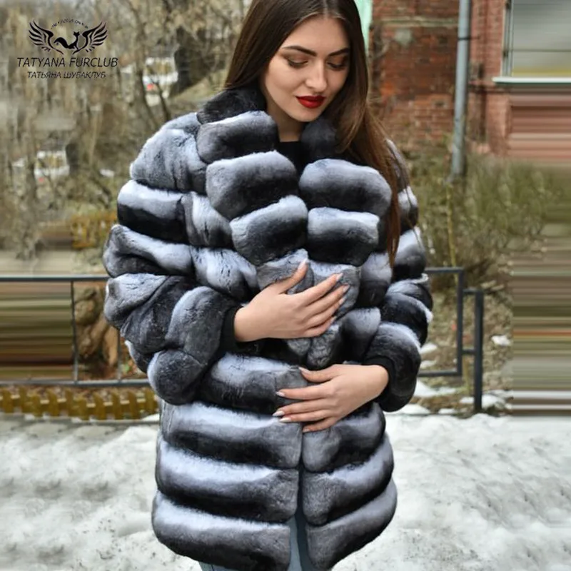 Fashion Women Real Rex Rabbit Fur Coats Long Natural Full Pelt Chinchilla Color Rabbit Fur Jackets With Fur Collar Overcoat 2022