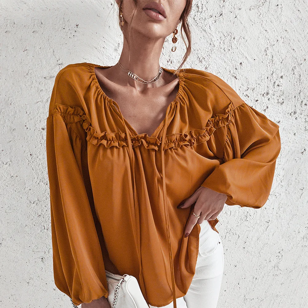 

Элегантная повседневная однотонная женская блузка со шнуровкой, рубашка с V-образным вырезом, женский модный летний топ для дам, новинка вес...