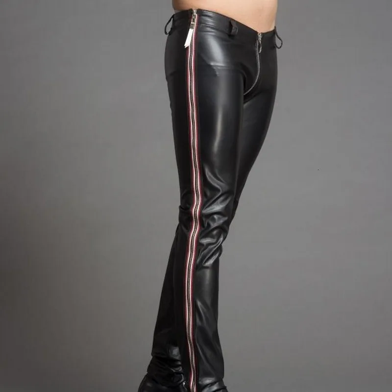 Дизайнерские обтягивающие мужские брюки из искусственной кожи на молнии с