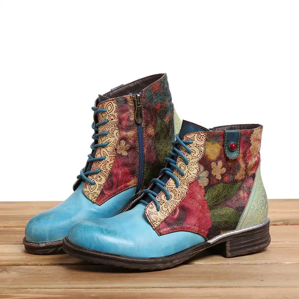 SOCOFY/Botas Mujer; ботинки с цветочным узором из натуральной кожи на молнии; короткие ботинки на плоской подошве со шнуровкой; женская обувь; женская зимняя обувь