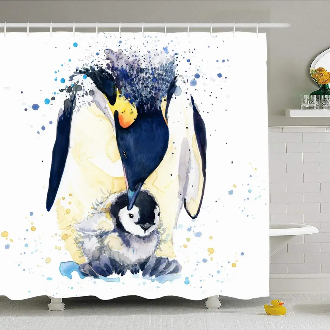 Занавеска для душа ванной 66x72 Забавный Красный день экватор Пингвин графика