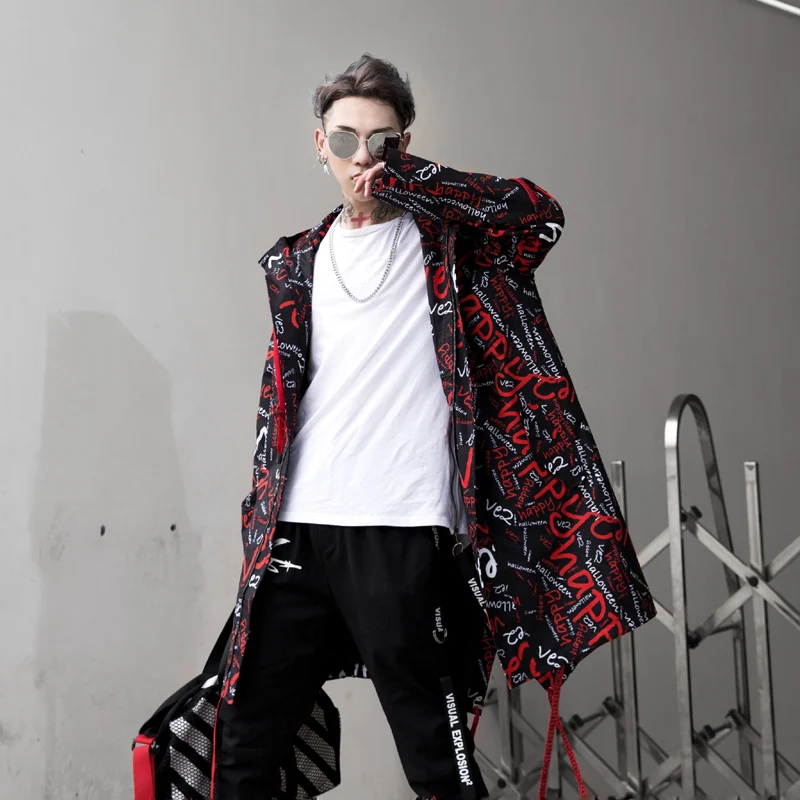 

Extra Long Jacket Trench Men Full Letter Print Fashion Harajuku Windbreaker Nightclub Overcoat Male Casual Outwear