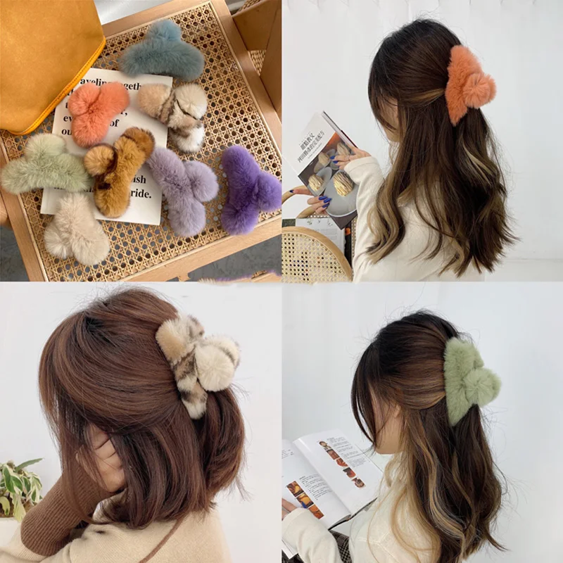 

Luxury Fur Rex Rabbit Large Barrette Crab Hair Claws Women Large Size Hair Clamps Claw Clip Crab Chic Hair Accessories Gift