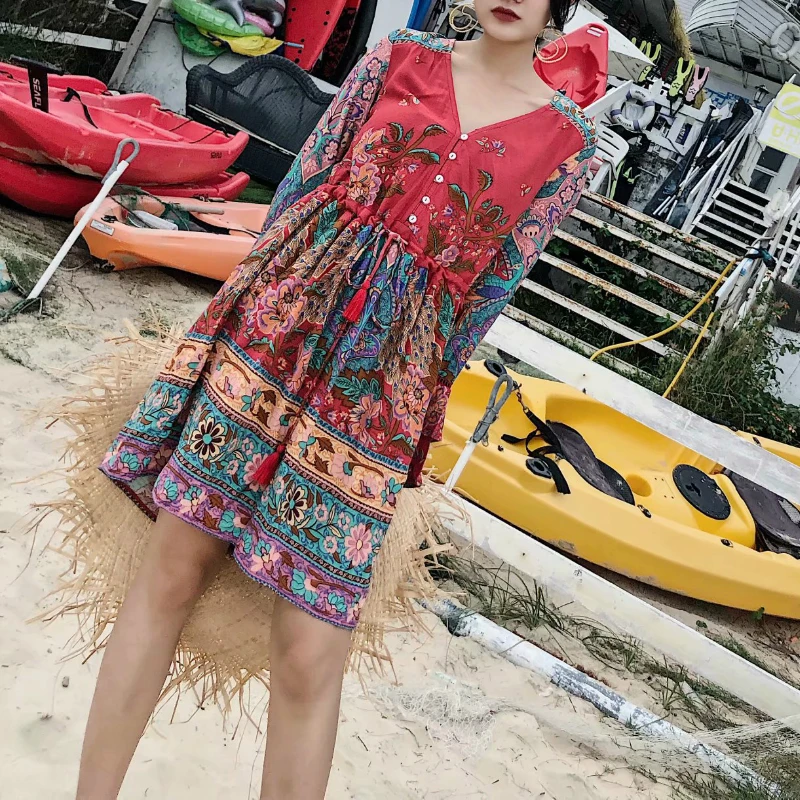 Винтажное шикарное женское пляжное мини платье с цветочным принтом и