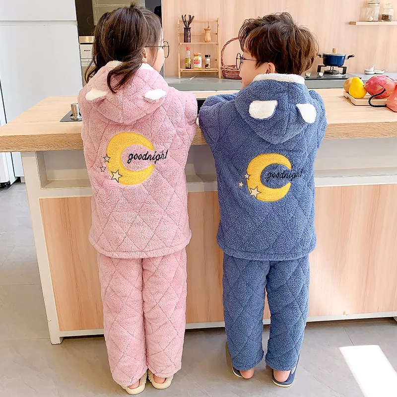 Pijamas Kawaii gruesos de felpa para padres e hijos, ropa de franela de manga larga para mantener el calor, bonitos dibujos animados, para el hogar y la familia, Invierno-4