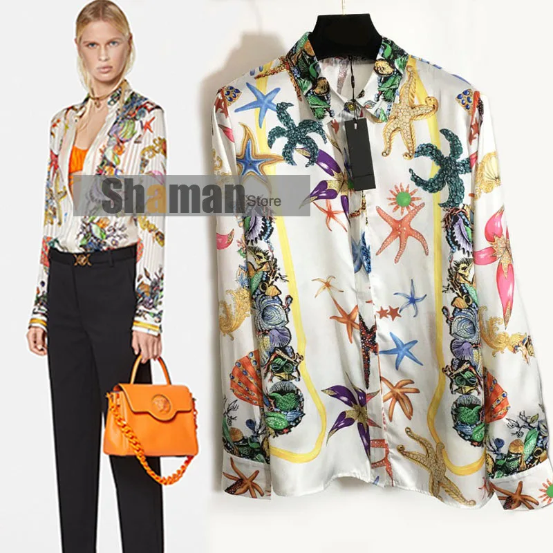 

Luxury designer branded runway long sleeve women white Starfish series super soft blouse women shirts ladies tops camisas mujer
