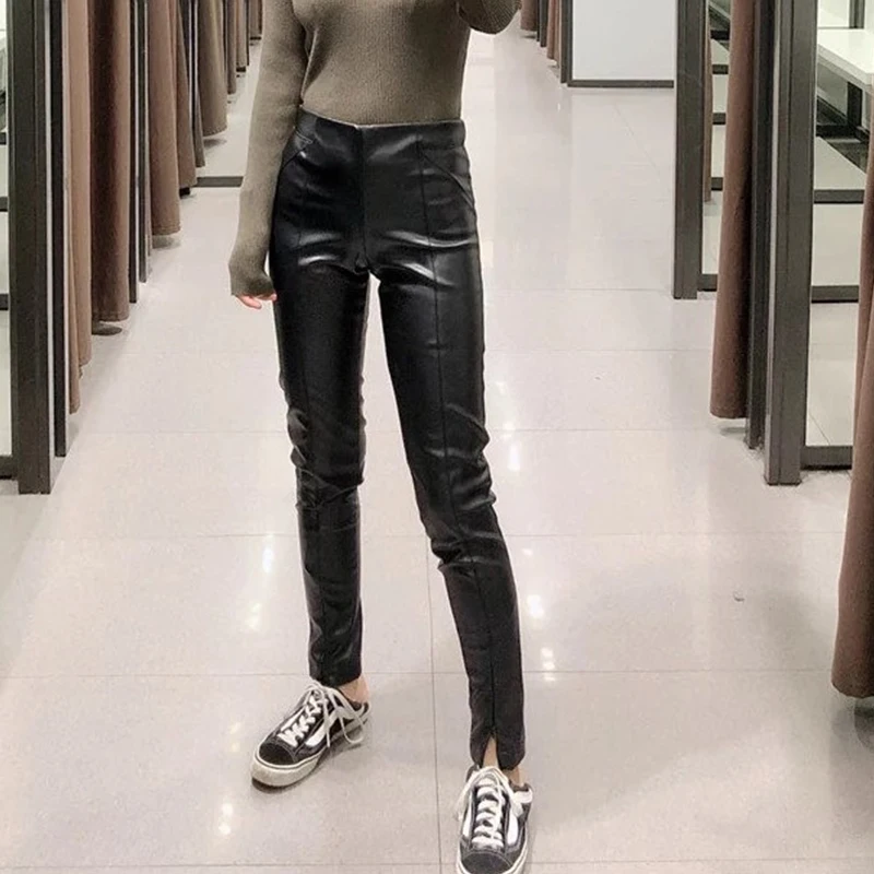 Осень зима 2019 обтягивающие брюки карандаш из искусственной кожи женские уличные