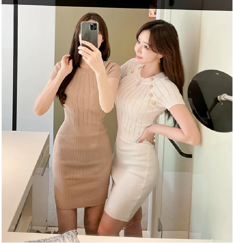 

Knitted Dress Female Summer 2021 New Korean Style Sexy Hollow Out Short-Sleeve One Piece Hip Package Mini Dress Women Knit Dress