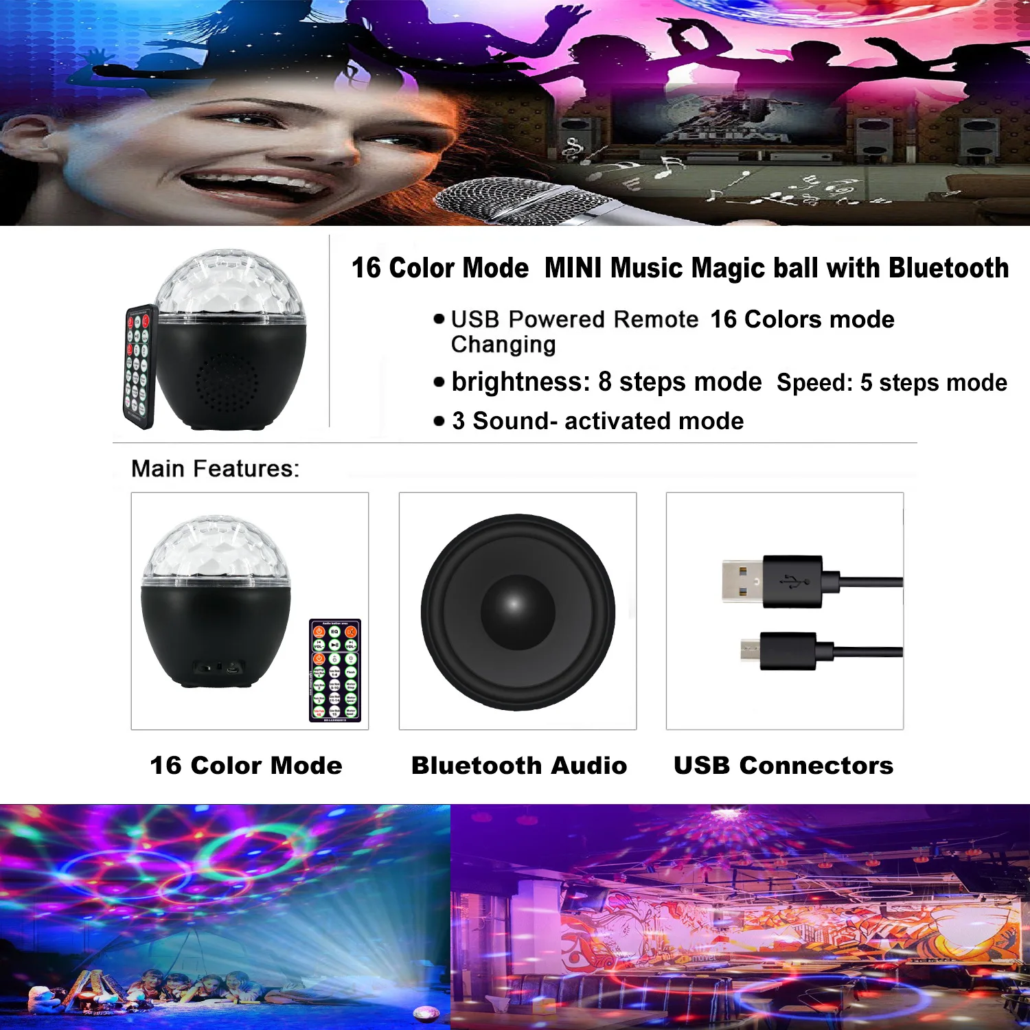 DJ Light 16 цветов Вечерние огни Бар KTV сценическая лампа с голосовым управлением хрустальный магический шар свет лазерный сценический прожектор
