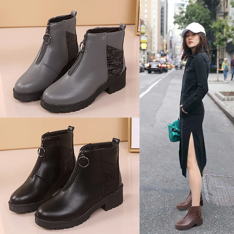 

Женские повседневные ботинки, новые модные однотонные ботинки на молнии с круглым носком и квадратным каблуком, женские ботильоны для студ...