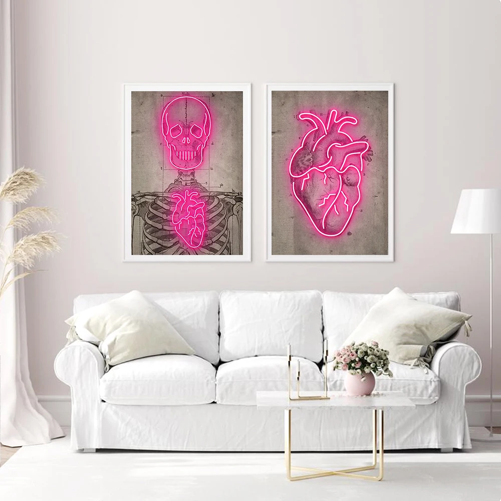 Скандинавская неоновая картина в форме сердца скелета винтажная на стену