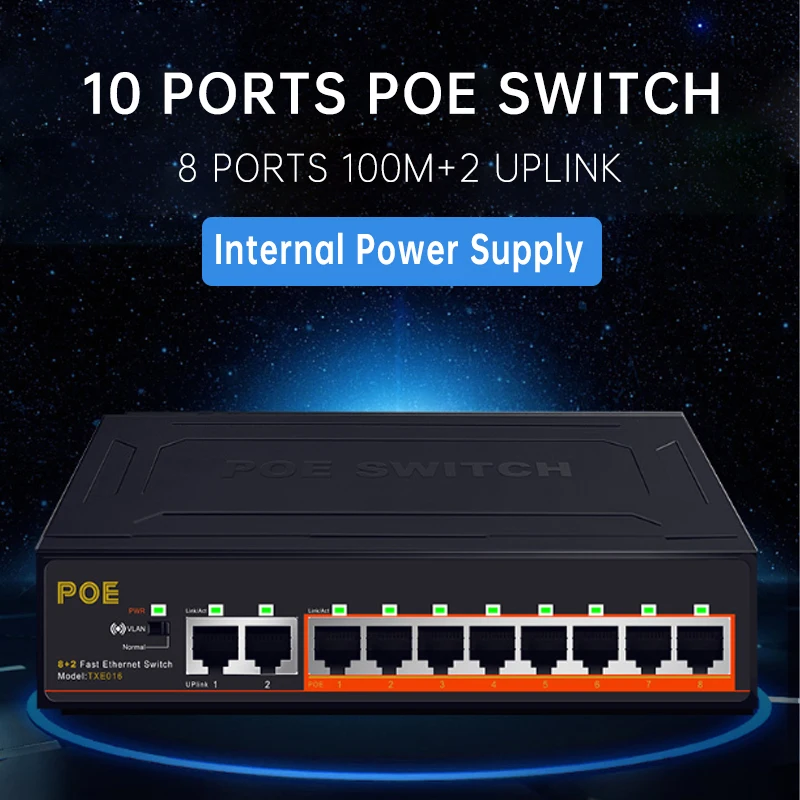 8 POE порт + 2Uplink Fast Ethernet Swither 10 Port switch100mbps с внутренним источником питания VLAN