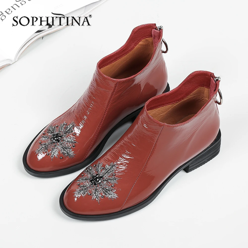 SPHITINA/Специальные женские ботинки с цветочным рисунком; пикантные удобные туфли из лакированной кожи высокого качества с круглым носком; новые ботинки на квадратном каблуке; PO215