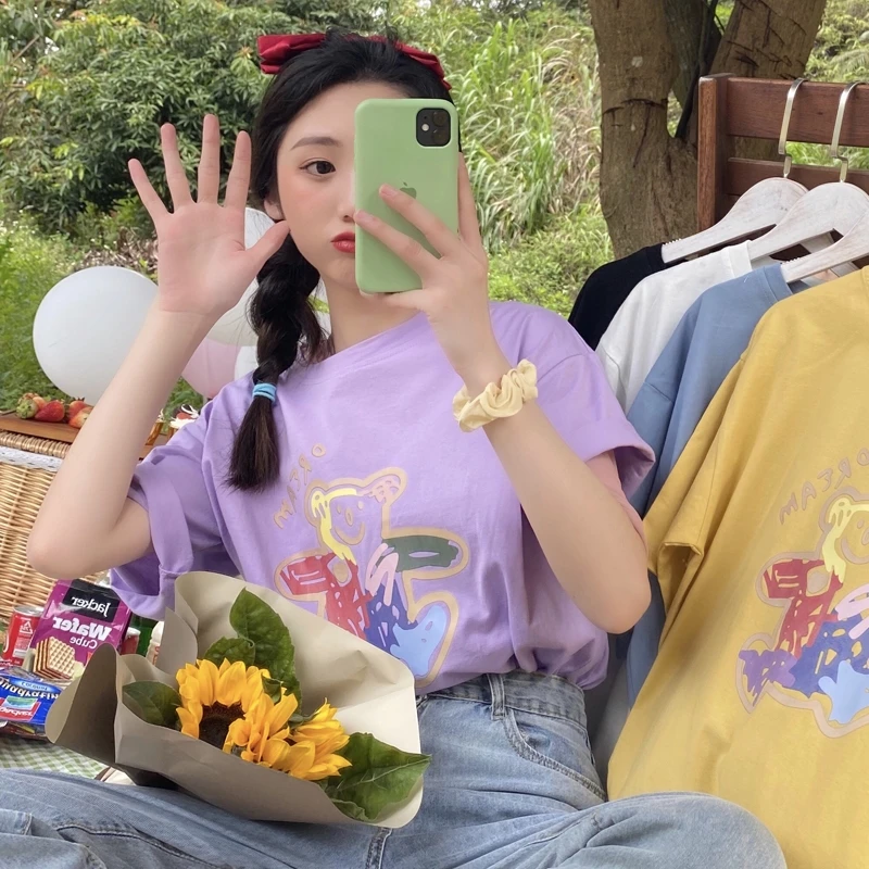 Таро фиолетовый медведь граффити свободная футболка с коротким рукавом женский