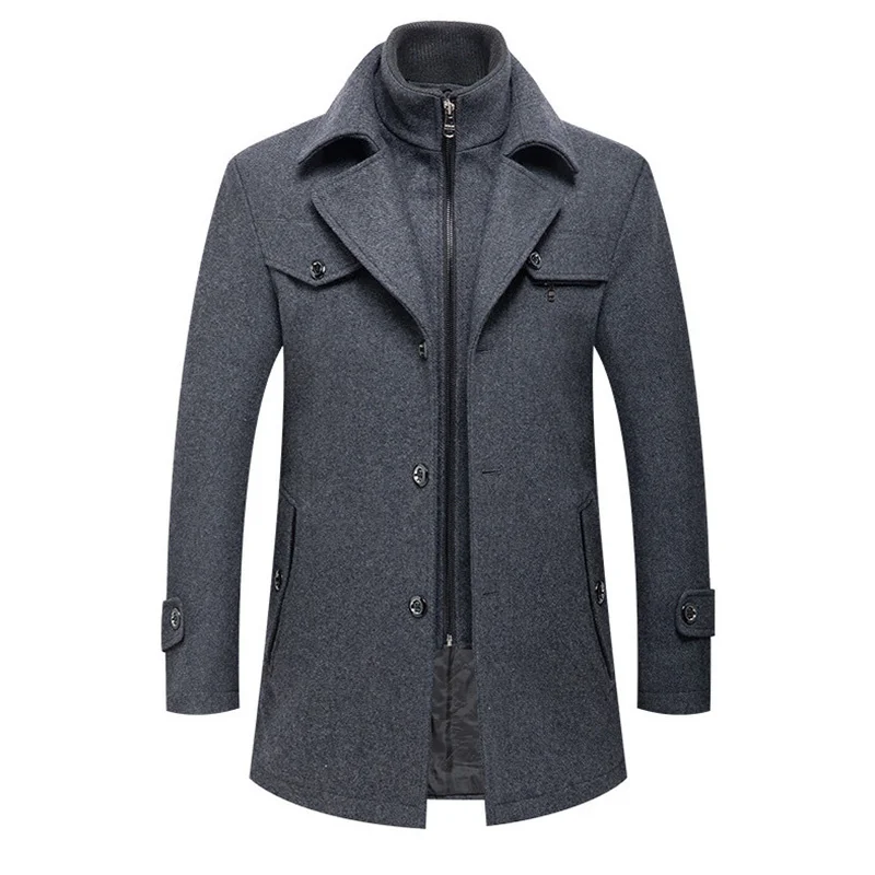

New Autumn Winter Mens Wool Coat Double Collar Thick Trench Coat Business Casual Woolen Jacket Men Wool Blends Overcoat