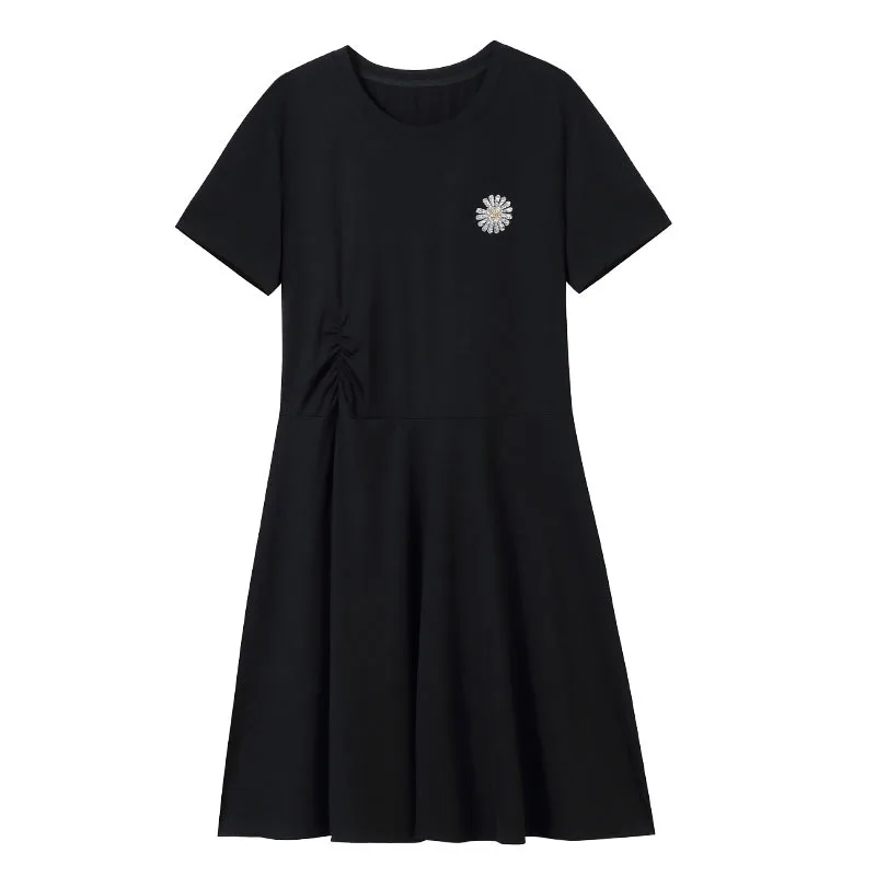 

new women dress 2021 summer diamonds knitted fabric thin loose high stretch female black knee length A-lined round neck dress