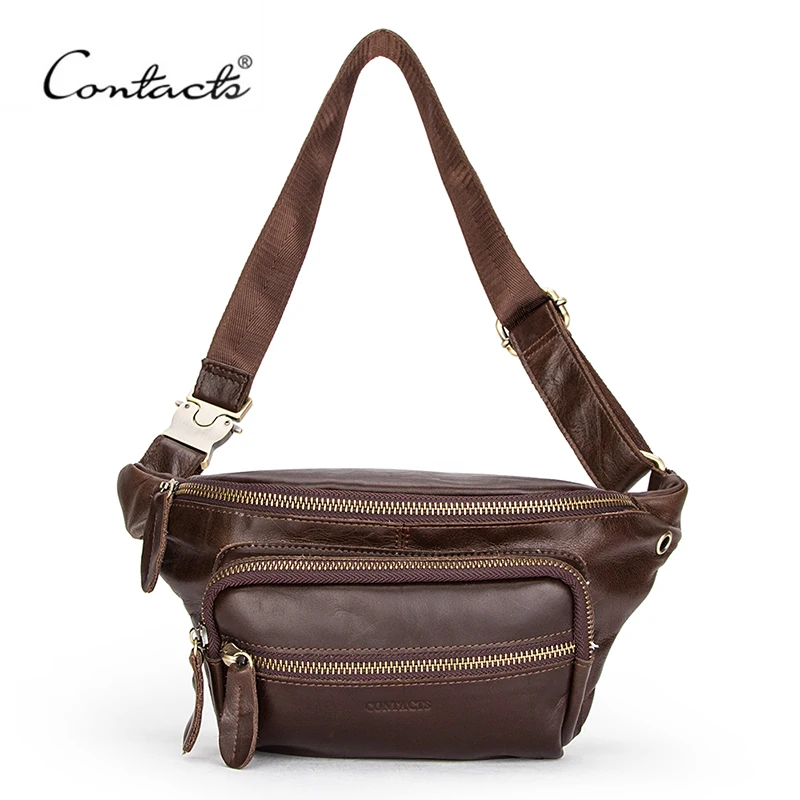 

CONTACT'S Quality Shoulder Bags Genuine Leather Men Waist Bag Leather Fanny Pack Large Capacity Casual Belt Bag Male Waist Packs