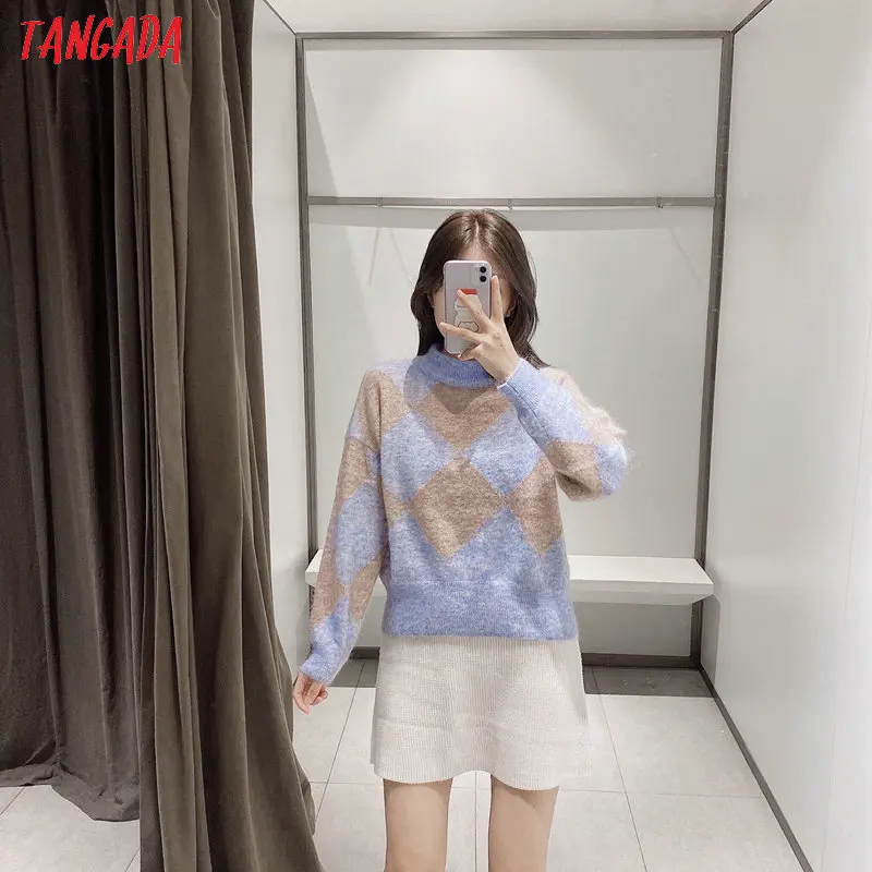 Tangada women geometric oversize knitted sweaters long sleeve vintage lady fashion pullovers winter thick stylish tops 3H83 | Женская