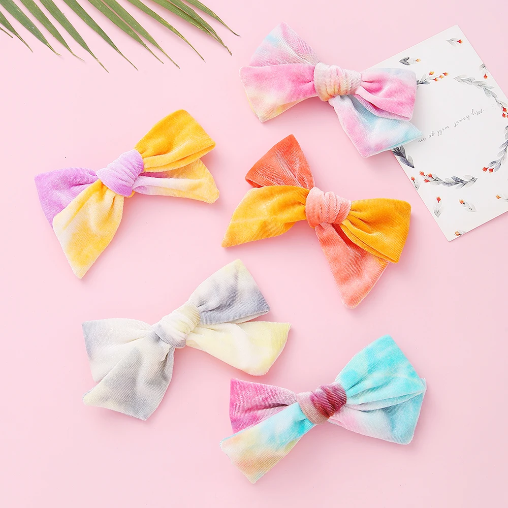 

36pc Fashion Rainbow Color Smooth Velvet Handtied Big Bow Nylon Headband Elastic hair band Clips For Girls Kids Hair Accessories