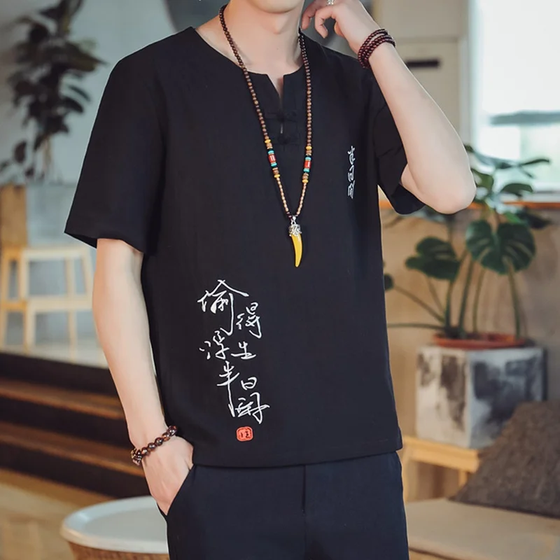

Chinese Style Male Tshirt Casual Streetwear Men Linen Cotton Loose Shirt Traditional Kung Fu Outfit Hanfu Wu Shu Tee Tops KK3766
