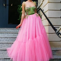 youthful pink tulle prom dress spaghetti strap a line lace flower long evening cocktail dress sukienki wizytowe bbonlinedress