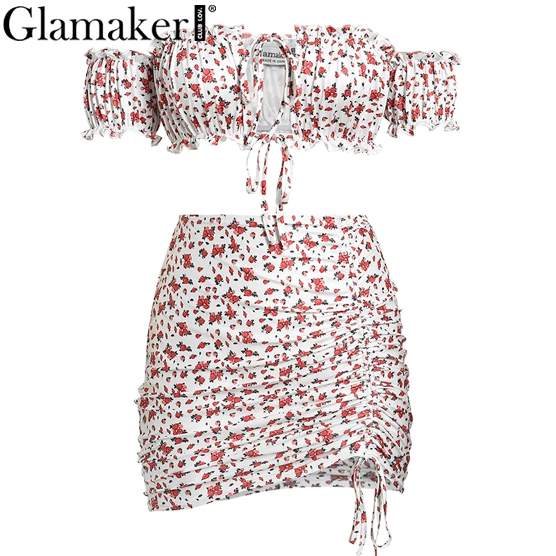 Женское мини платье с оборками Glamaker летнее плиссированное открытыми плечами