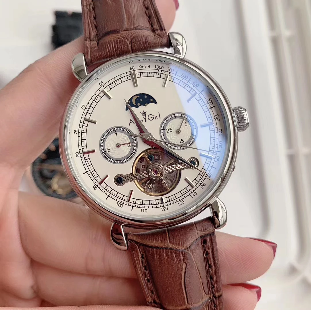 Leather White Роскошные брендовые Новые Мужские автоматические механические часы серебро розовое золото кожа черный белый MoonPhase Tourbillon сапфировое стекло назад - Цвет: Leather White
