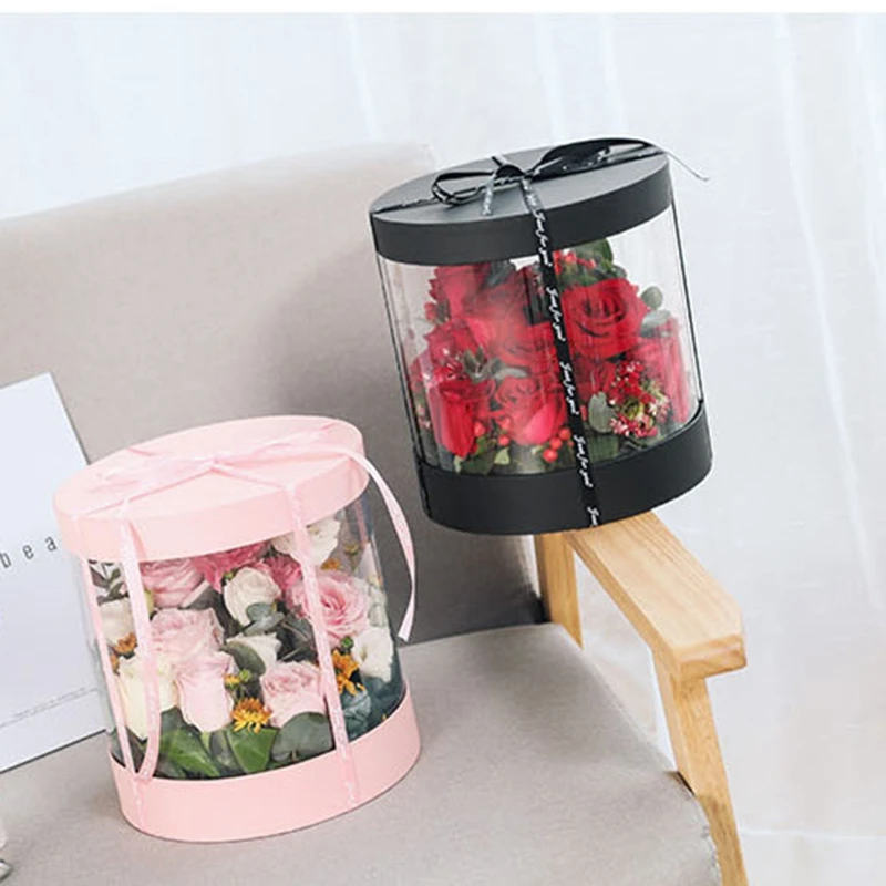 Round Flower Paper Boxes Flowers Bucket Transparent PVC Cake Gift Box Ladies Presents Packing Case Lid Party | Дом и сад