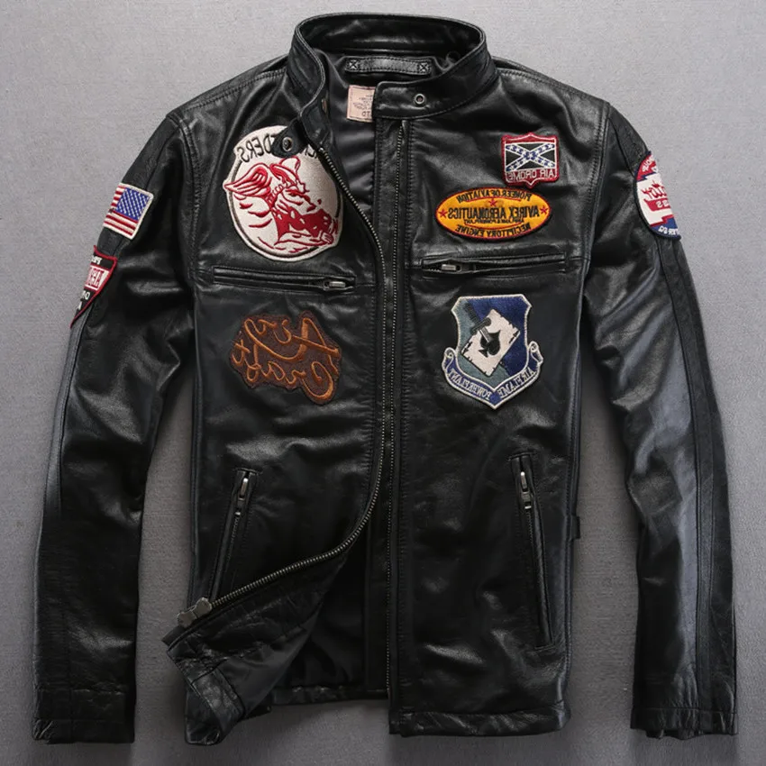 

Avirex fly men's genuine leather black sheepskin flight with badge yellow real skin slim fashion wind jacket men