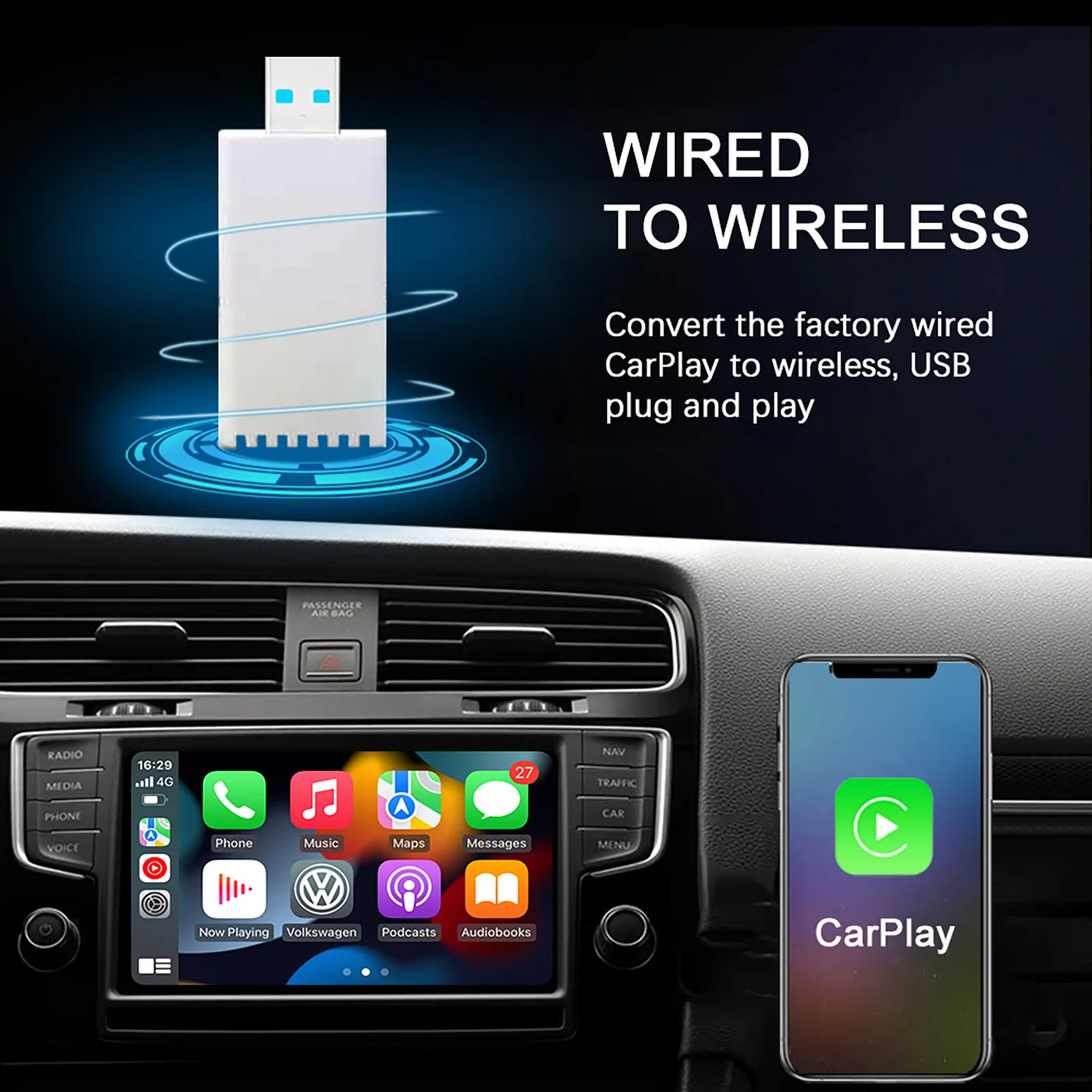 

Latest Version Car Wired to Wireless USB Module Navigation Auto Connect to CarPlay by Certificated 5Ghz Wifi to Get Faster