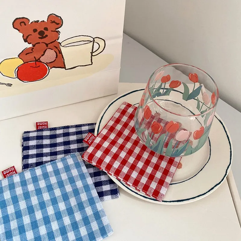 

Cotton Linen Plaid Cup Mat Table Mats Heat Resistant Non-slip Placemat Table Pad Simple Food Cloth Pads Home Decor