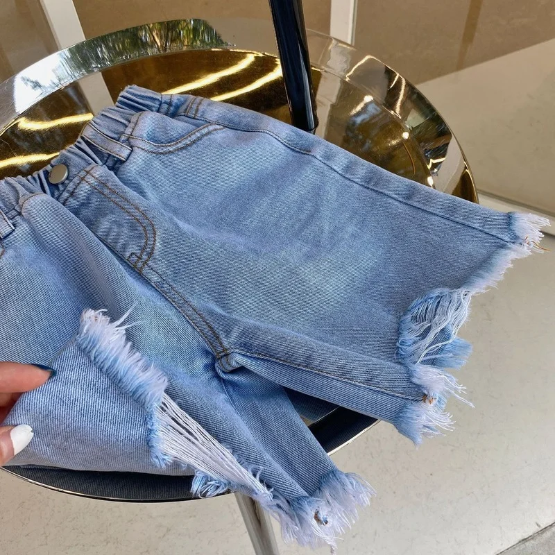 

Children denim shorts 2021 summer new boys girls solid color all-match fringed denim knee-length pants