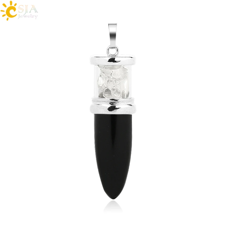 Black Onyx CSJA в форме пули подвески из натурального камня розовый кварц Фиолетовый Кристалл ожерелья Желая бутылка конус рейки Маятник для женщин и мужчин G284 - Окраска металла: Black Onyx